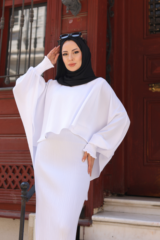 Elegant Dubai İpeği Pelerin Takım Beyaz-8014 - 3