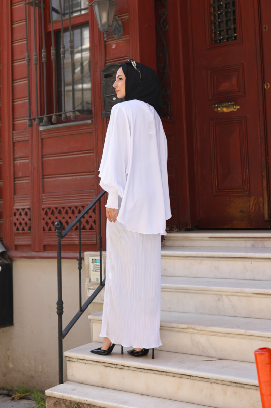 Elegant Dubai İpeği Pelerin Takım Beyaz-8014 - 8