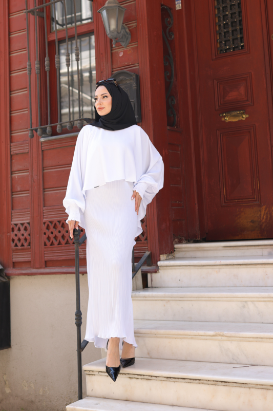 Elegant Dubai İpeği Pelerin Takım Beyaz-8014 - 10