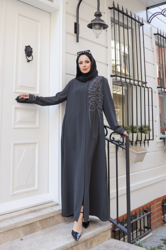 Eliza Taş İşlemeli Ferace Füme - 9042 - Kadeem Giyim