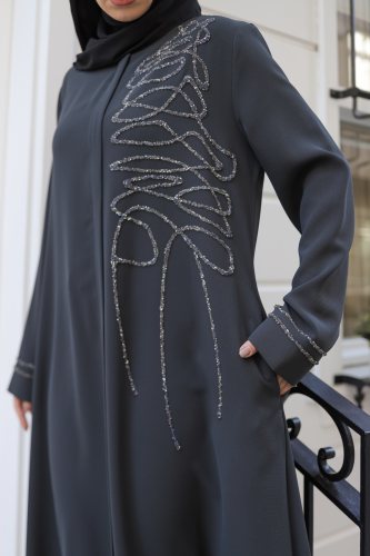 Eliza Taş İşlemeli Ferace Füme - 9042 - Kadeem Giyim (1)