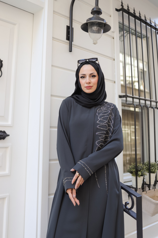 Eliza Taş İşlemeli Ferace Füme - 9042 - 5