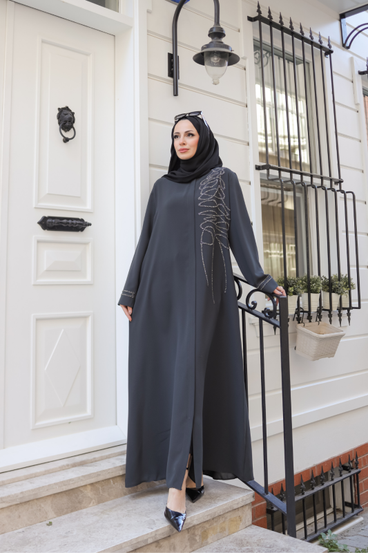 Eliza Taş İşlemeli Ferace Füme - 9042 - 6