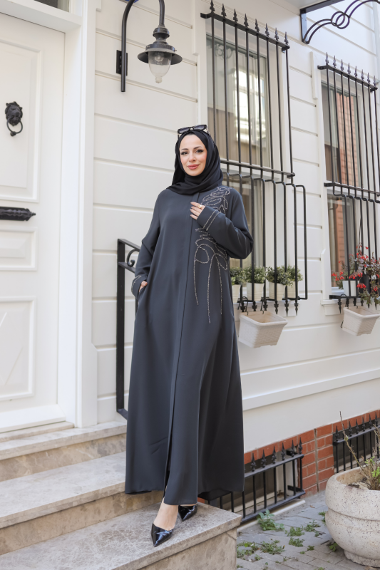 Eliza Taş İşlemeli Ferace Füme - 9042 - 8