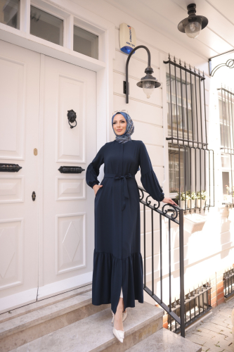 Eteği Fırfırlı Krep Kumaş Ferace Lacivert- 2115 - Kadeem Giyim