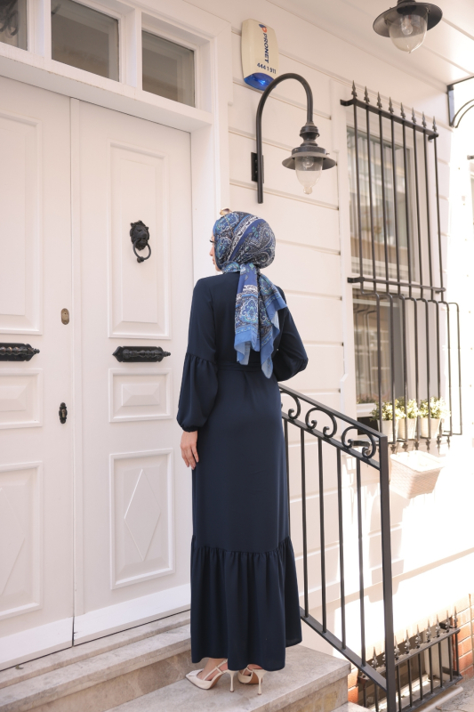 Eteği Fırfırlı Krep Kumaş Ferace Lacivert- 2115 - 4