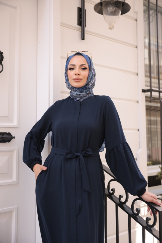 Eteği Fırfırlı Krep Kumaş Ferace Lacivert- 2115 - 5