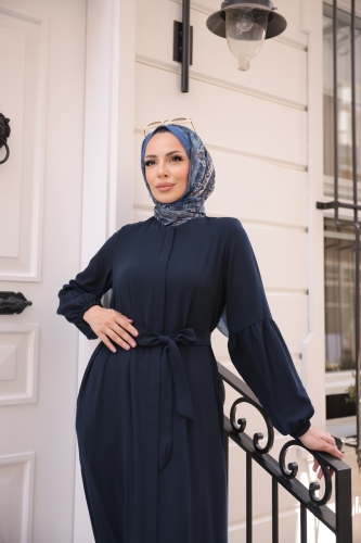 Eteği Fırfırlı Krep Kumaş Ferace Lacivert- 2115 - 7
