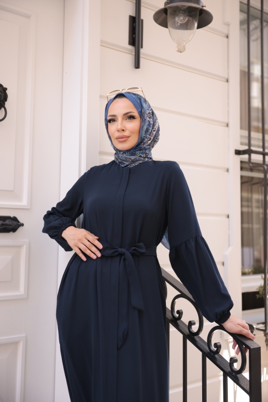 Eteği Fırfırlı Krep Kumaş Ferace Lacivert- 2115 - 7