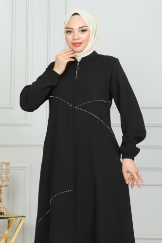 Fermuar Detaylı Ferace Siyah - 9004 - 9