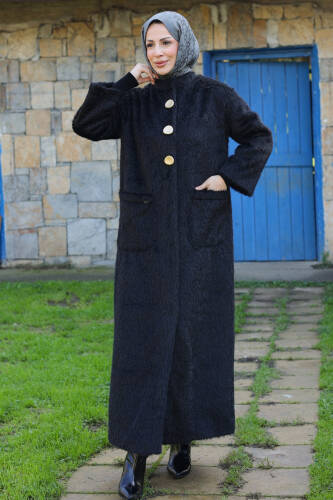 Hasra Fox Kumaş Astarlı Ribanalı Uzun Tesettür Kaban - 7008 - Kadeem Giyim