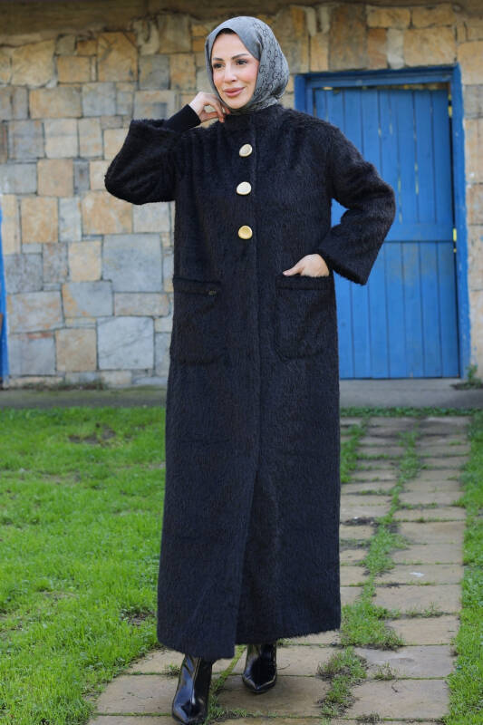 Hasra Fox Kumaş Astarlı Ribanalı Uzun Tesettür Kaban - 7008 - 1