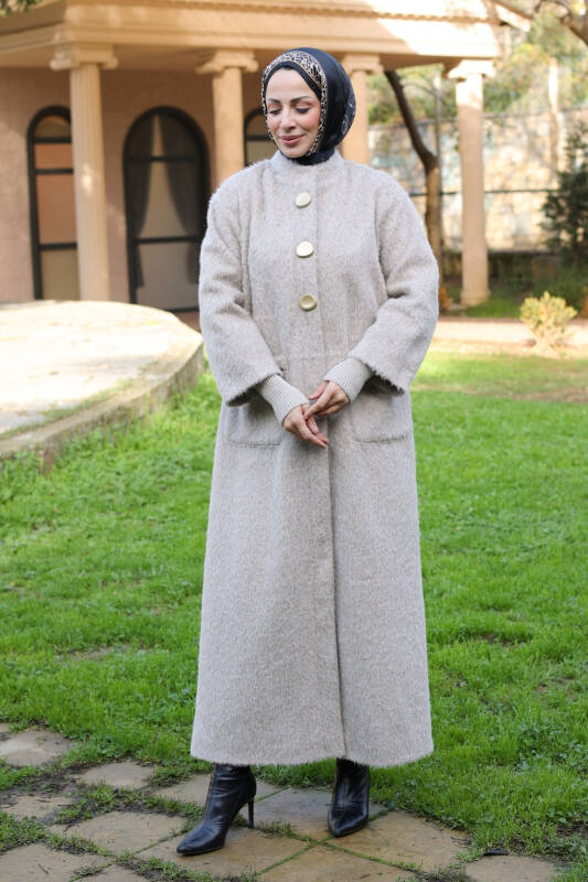 Hasra Fox Kumaş Astarlı Ribanalı Uzun Tesettür Kaban - 7008 - 1