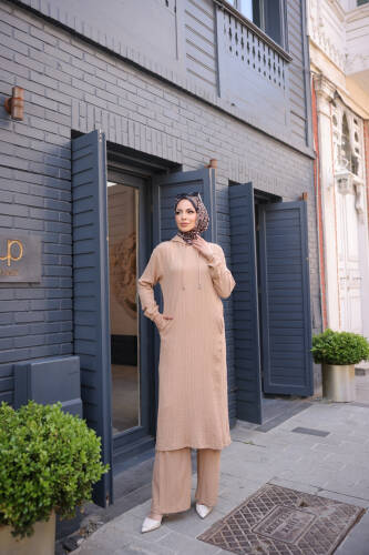 İkili Takım Kapüşonlu -Büsküvi - 3001 - Kadeem Giyim