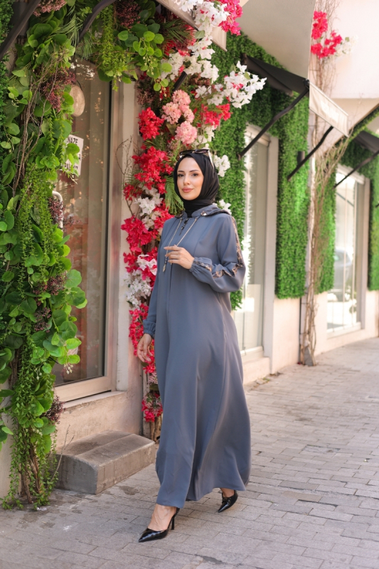 Leyla Kapüşonlu Ferace Gri - 9049 - 8