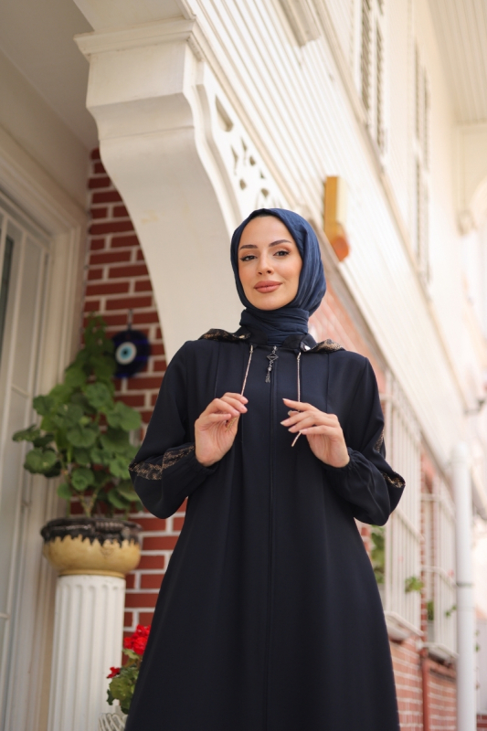 Leyla Kapüşonlu Ferace Lacivert - 9049 - 3