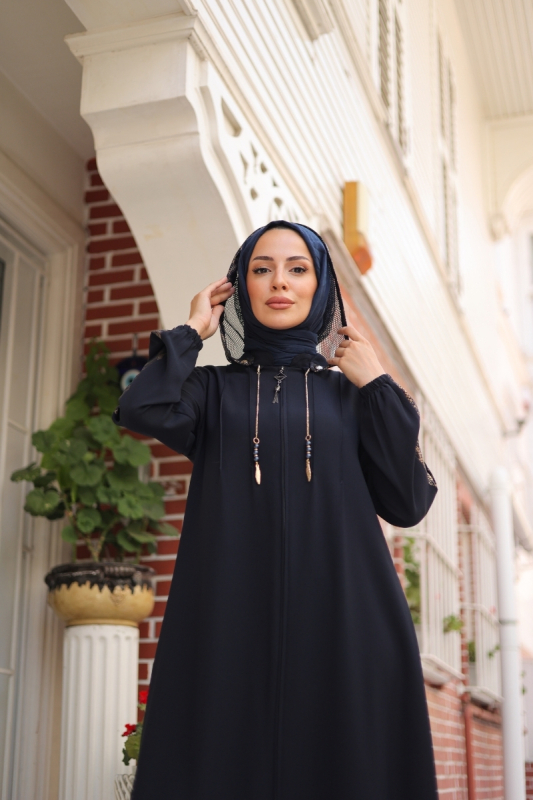 Leyla Kapüşonlu Ferace Lacivert - 9049 - 9