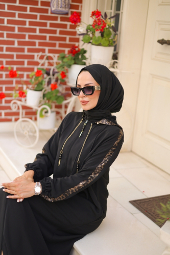 Leyla Kapüşonlu Ferace Siyah - 9049 - 57