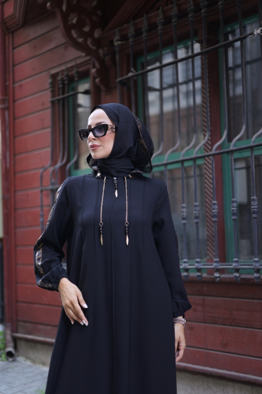 Leyla Kapüşonlu Ferace Siyah - 9049 - 38