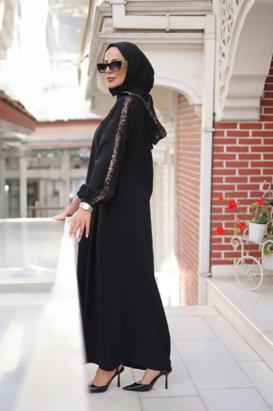 Leyla Kapüşonlu Ferace Siyah - 9049 - 12