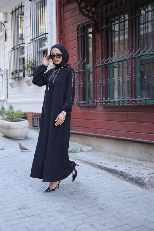 Leyla Kapüşonlu Ferace Siyah - 9049 - 19