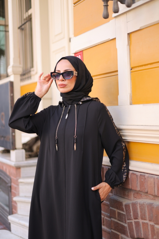 Leyla Kapüşonlu Ferace Siyah - 9049 - 20
