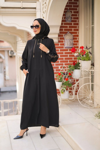 Leyla Kapüşonlu Ferace Siyah - 9049 