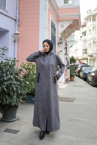 Melina Süet Kapüşonlu Kap Gri – 422158 - Kadeem Giyim