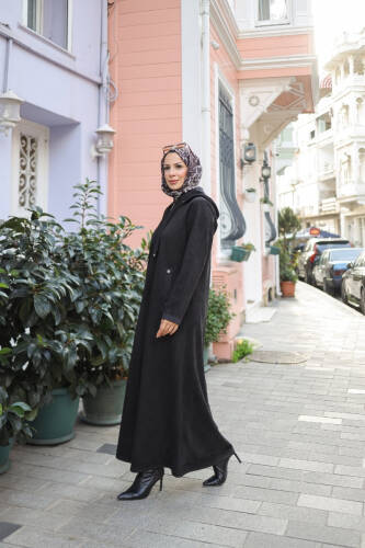 Melina Süet Kapüşonlu Kap Siyah – 422158 - Kadeem Giyim