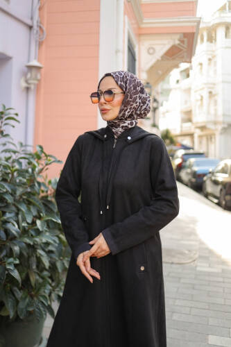 Melina Süet Kapüşonlu Kap Siyah – 422158 - Kadeem Giyim (1)
