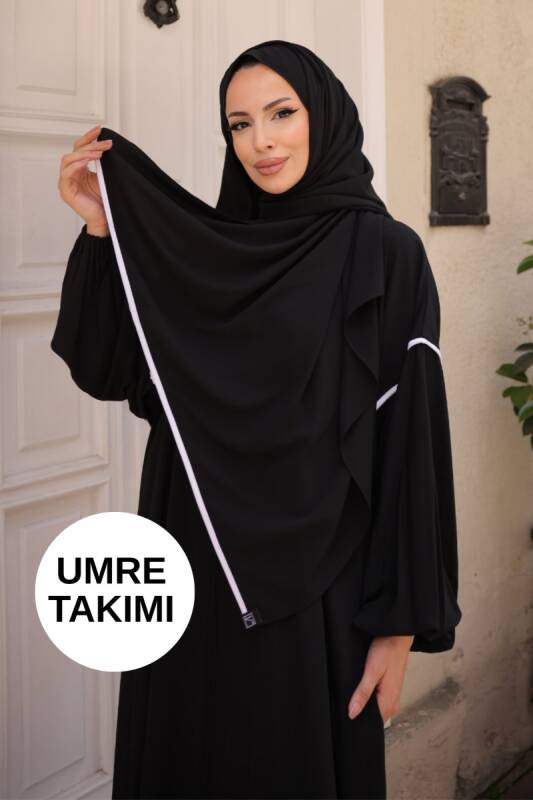 RANA UMRE VE HAC ABAYA ŞALLI TAKIM & Siyah - 9015 - 1