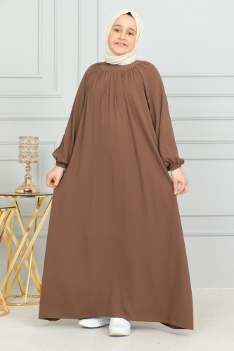 Reglan Kol Büzgülü Çocuk Elbise Camel - 4004 