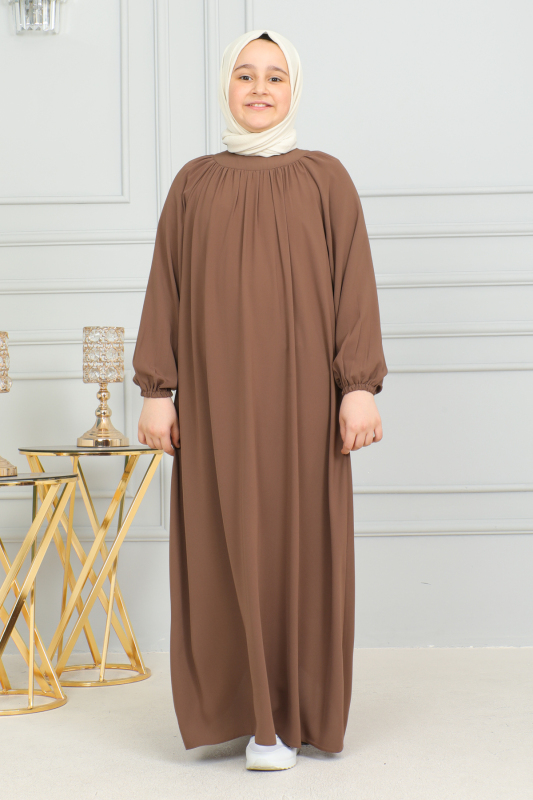Reglan Kol Büzgülü Çocuk Elbise Camel - 4004 - 5