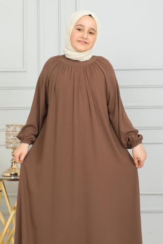 Reglan Kol Büzgülü Çocuk Elbise Camel - 4004 - 9
