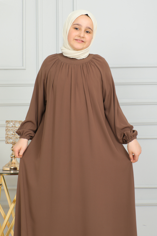 Reglan Kol Büzgülü Çocuk Elbise Camel - 4004 - 9