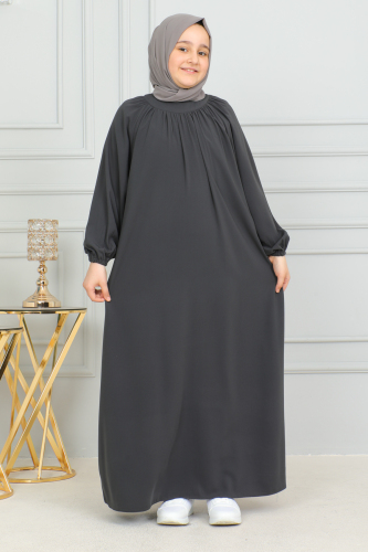 Reglan Kol Büzgülü Çocuk Elbise Füme - 4004 - Kadeem Giyim