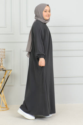 Reglan Kol Büzgülü Çocuk Elbise Füme - 4004 - Kadeem Giyim (1)