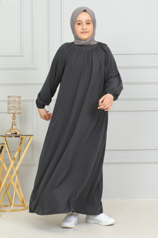 Reglan Kol Büzgülü Çocuk Elbise Füme - 4004 - 3