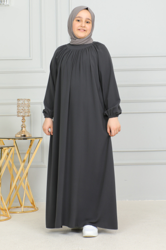 Reglan Kol Büzgülü Çocuk Elbise Füme - 4004 - 4