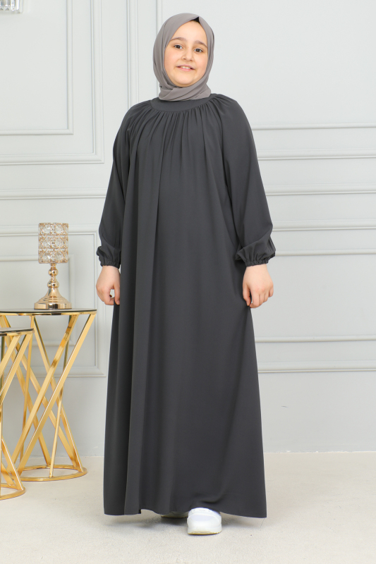 Reglan Kol Büzgülü Çocuk Elbise Füme - 4004 - 4