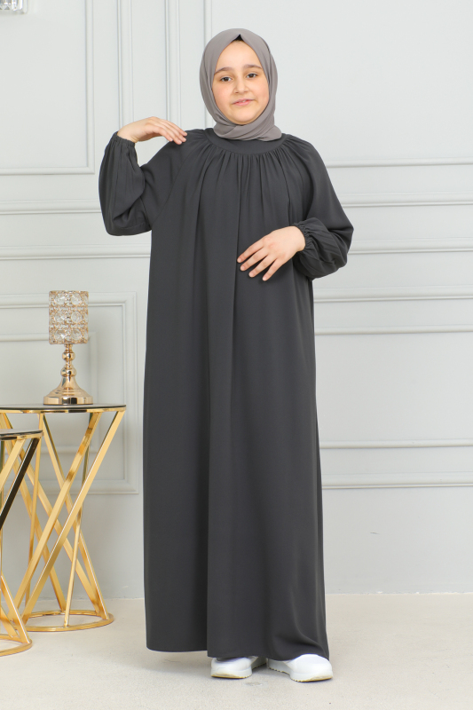 Reglan Kol Büzgülü Çocuk Elbise Füme - 4004 - 6