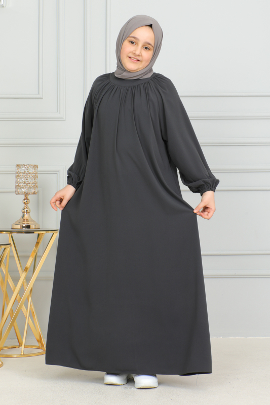 Reglan Kol Büzgülü Çocuk Elbise Füme - 4004 - 7