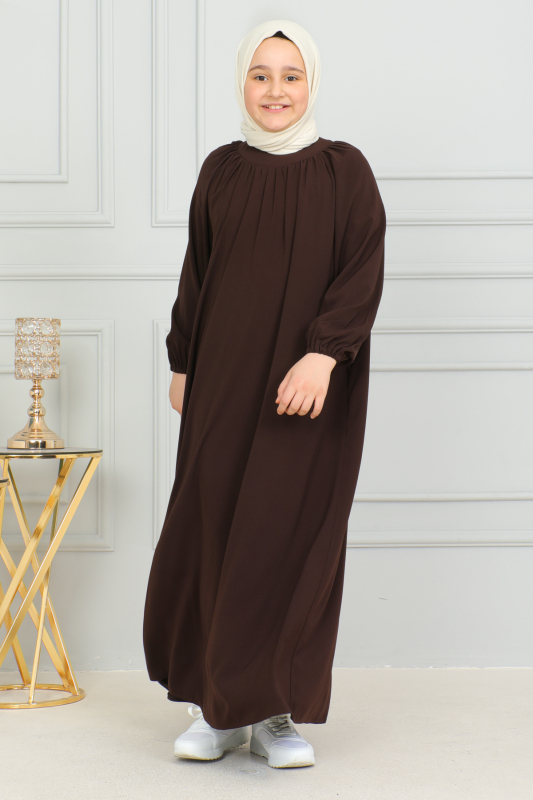 Reglan Kol Büzgülü Çocuk Elbise Kahverengi - 4004 - 7