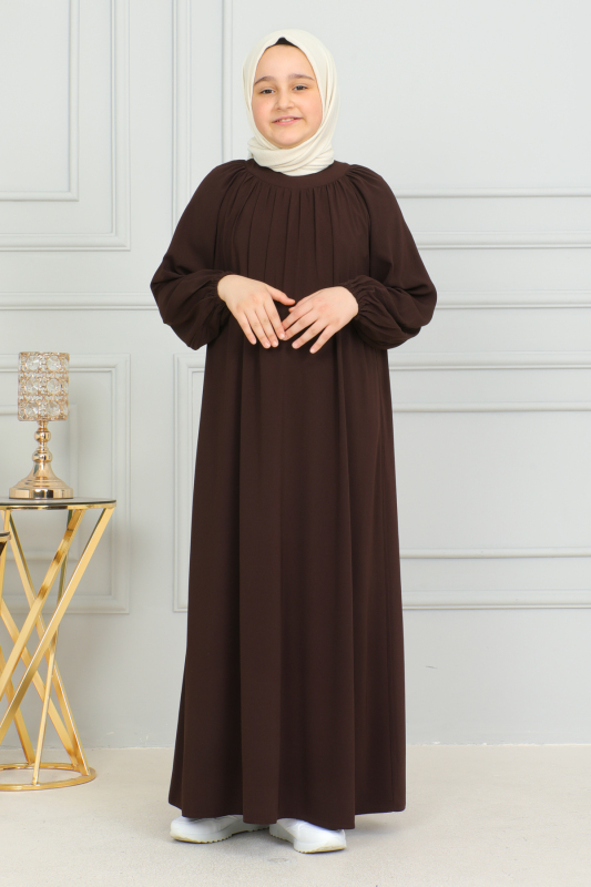 Reglan Kol Büzgülü Çocuk Elbise Kahverengi - 4004 - 9