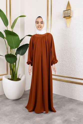 Reglan Kol Büzgülü Çocuk Elbise-Kiremit - 4004 