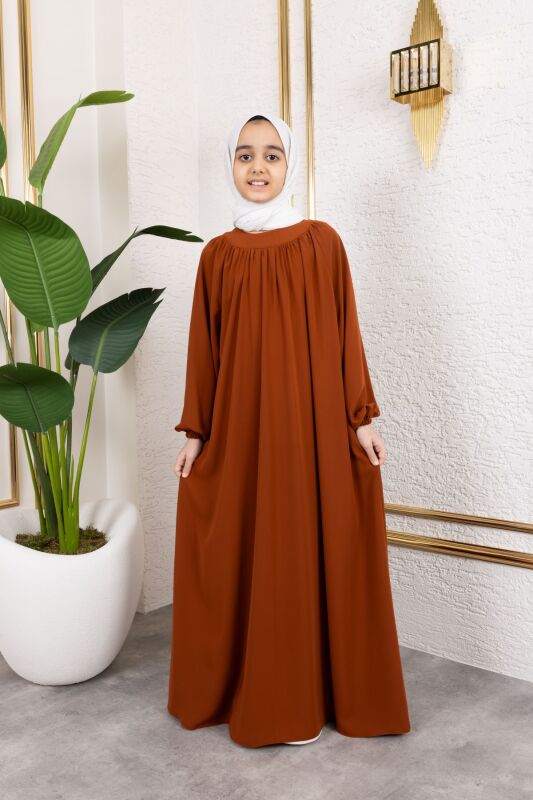 Reglan Kol Büzgülü Çocuk Elbise-Kiremit - 4004 - 3