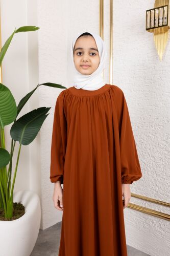 Reglan Kol Büzgülü Çocuk Elbise-Kiremit - 4004 - 5
