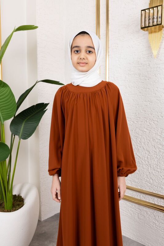Reglan Kol Büzgülü Çocuk Elbise-Kiremit - 4004 - 5