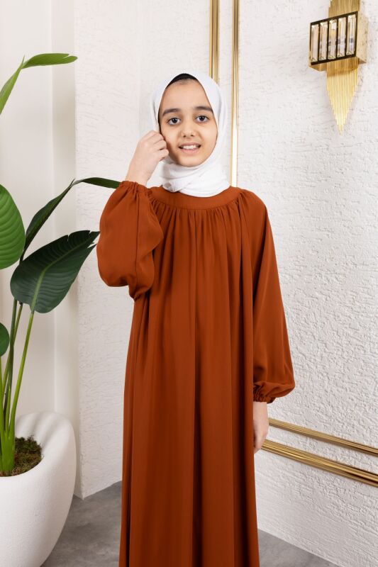 Reglan Kol Büzgülü Çocuk Elbise-Kiremit - 4004 - 6