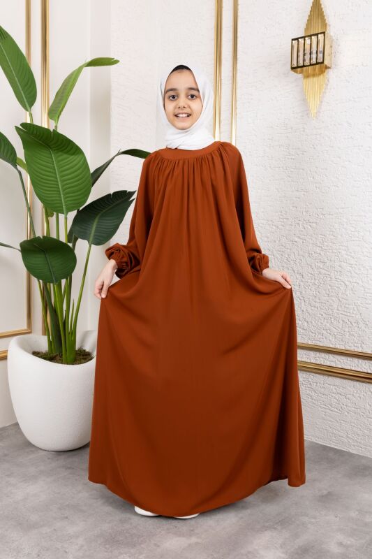 Reglan Kol Büzgülü Çocuk Elbise-Kiremit - 4004 - 7